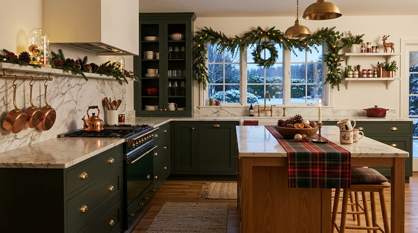 Christmas sideboard styled with silver serving pieces, candles, and greenery.