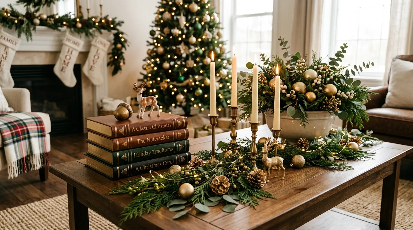 Clubroom-inspired Christmas den with dark wood, tartan, and evergreen decor.