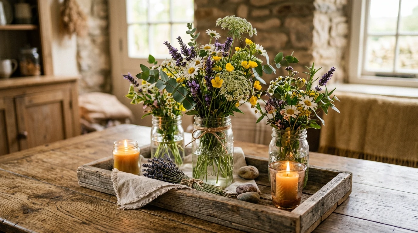 Neutral dining table centerpiece with soft texture and a simple runner.