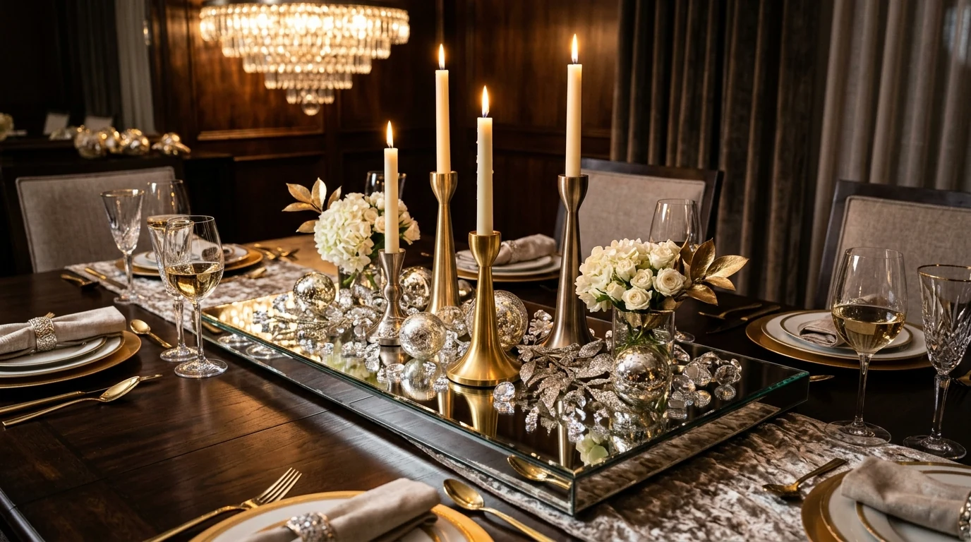 Sculptural dining centerpiece using tall branches as a dramatic focal point.