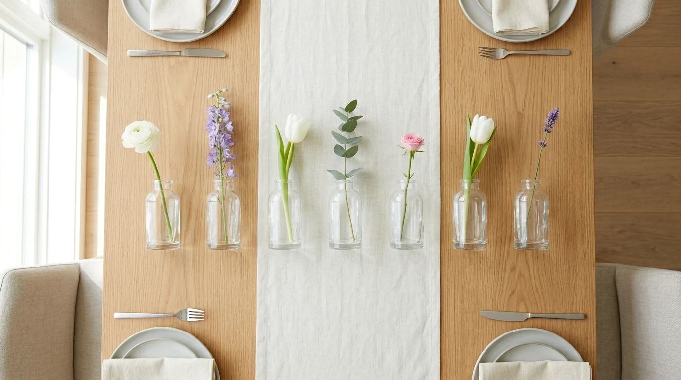 Dining centerpiece arranged on a wooden tray with layered decor elements.
