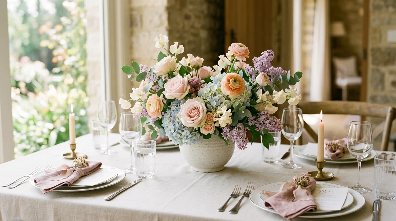 Minimal dining table centerpiece in white and green tones.