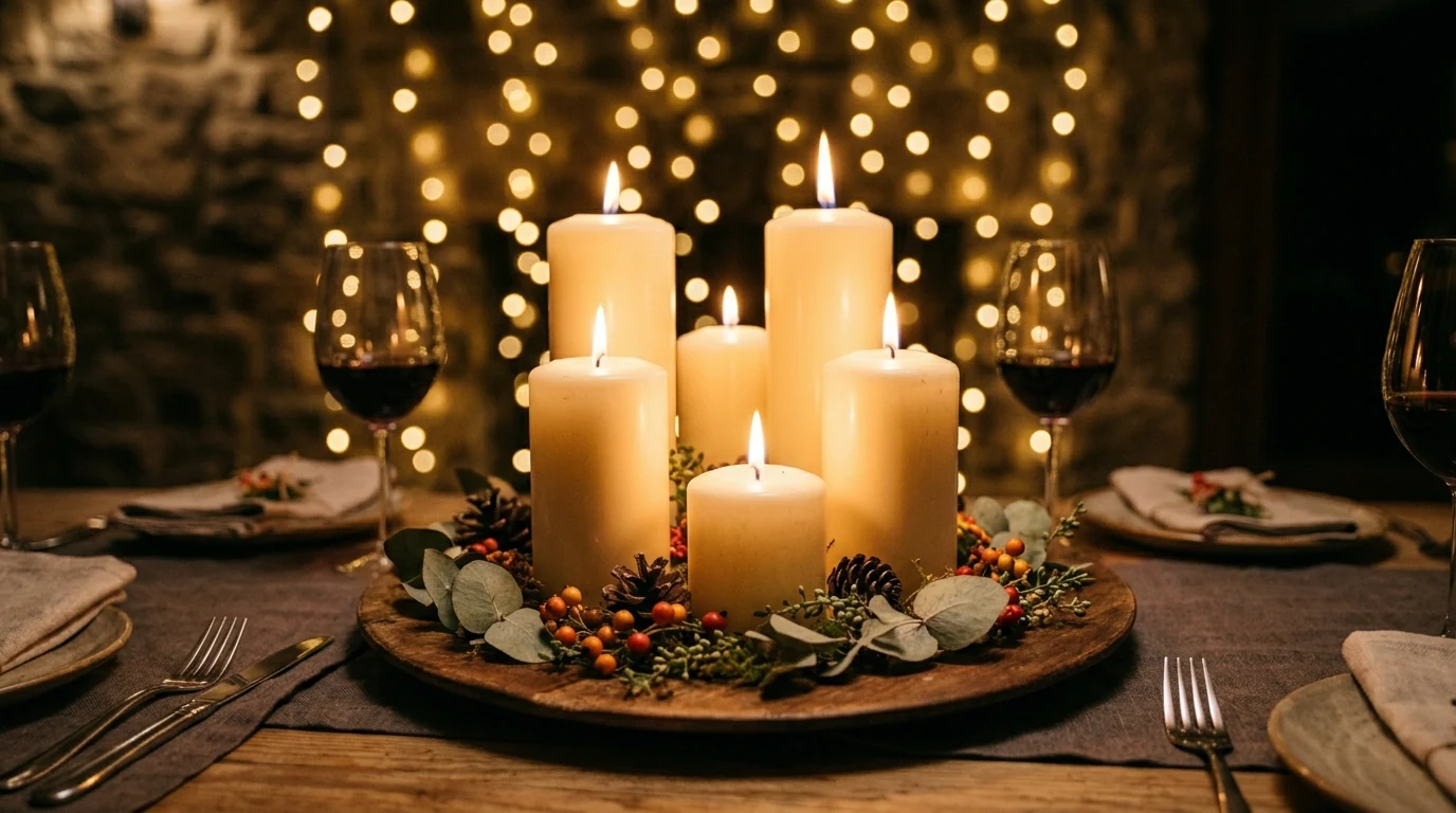 Elegant dining centerpiece with amber glass and brass accents.