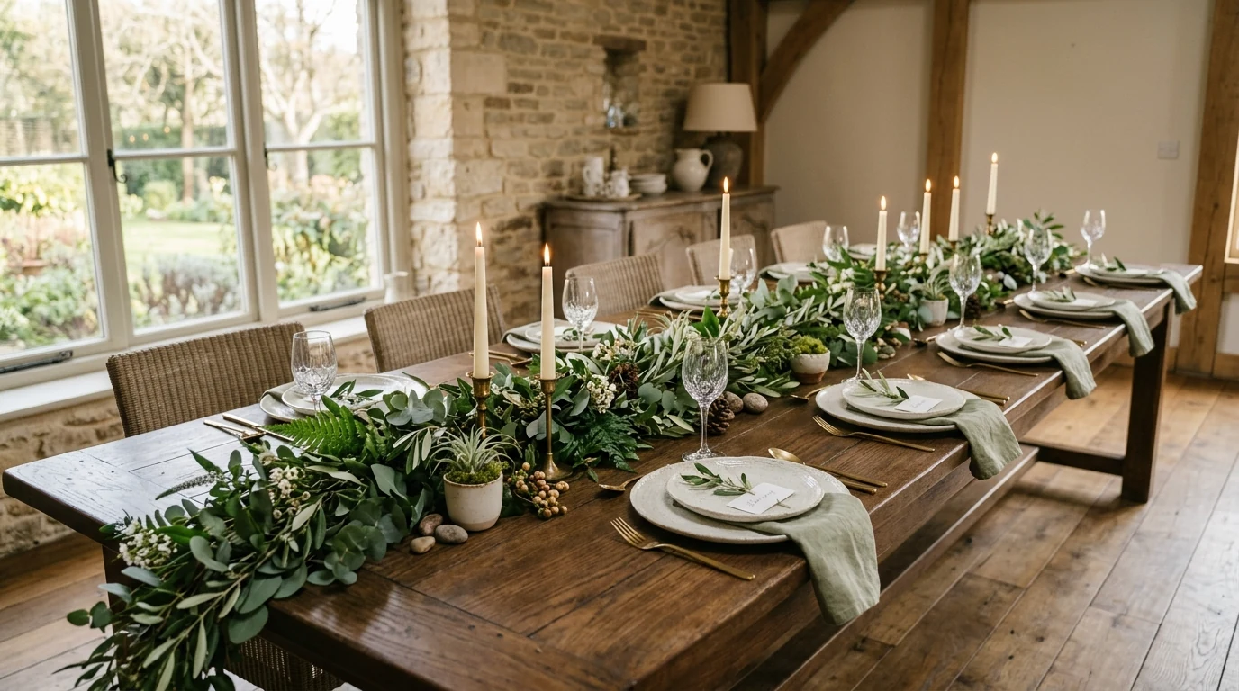 Dining table centerpiece inspired by apples, leaves, and orchard textures.