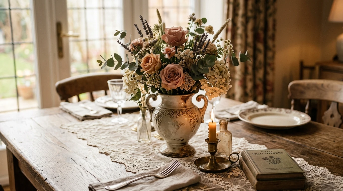Dining centerpiece using a single statement vase as the focal point.