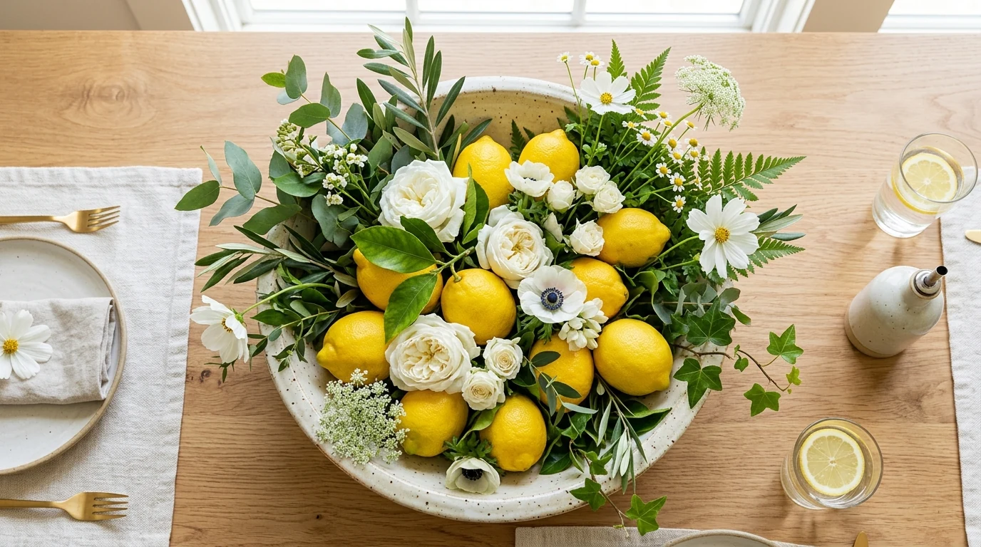 Long dining table decorated with repeated bud vase centerpieces.