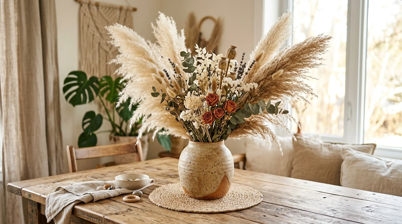Elegant centerpiece on a dark dining table with soft candle glow.