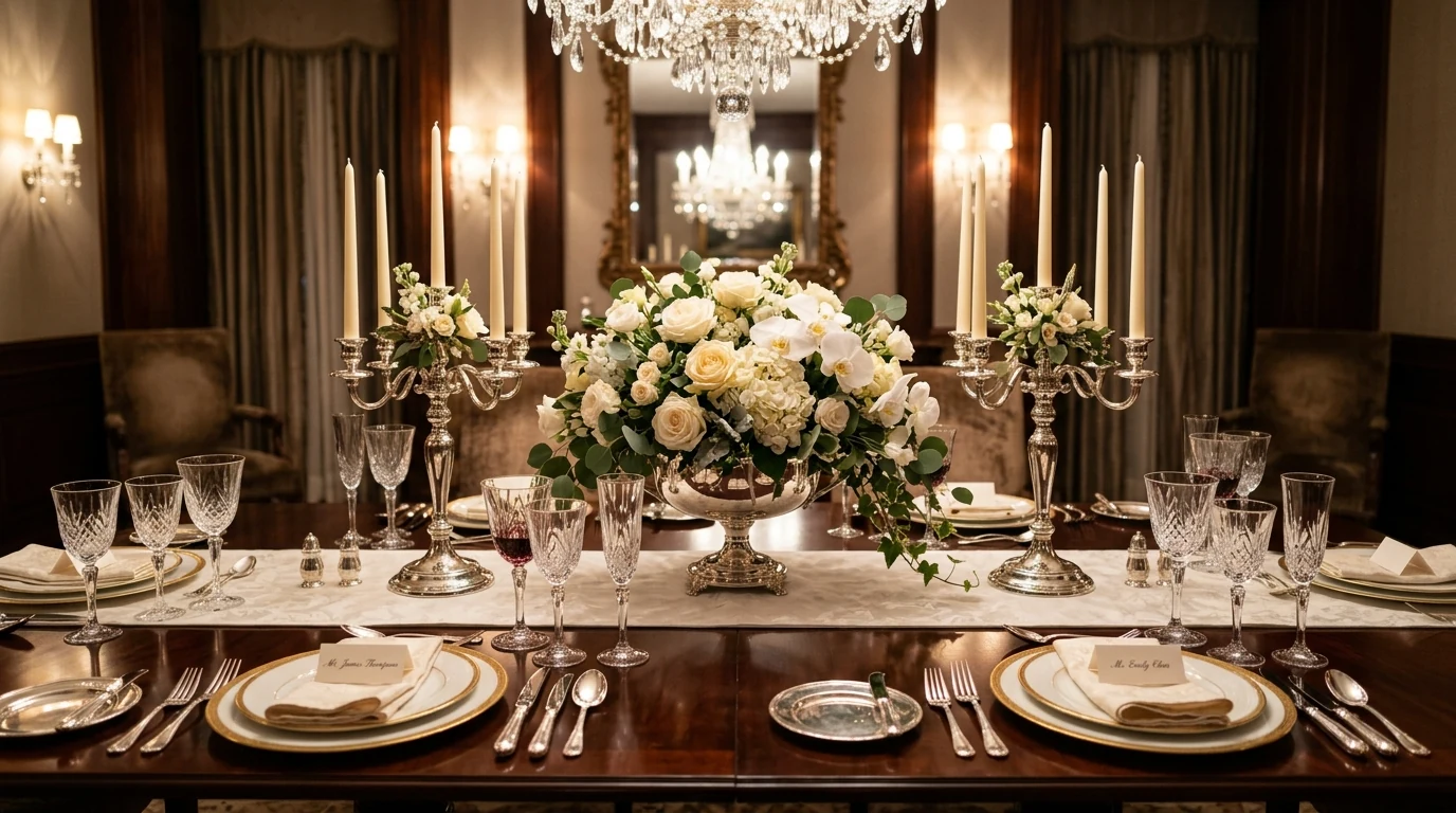 Cottage-style dining centerpiece with loose florals in simple vessels.