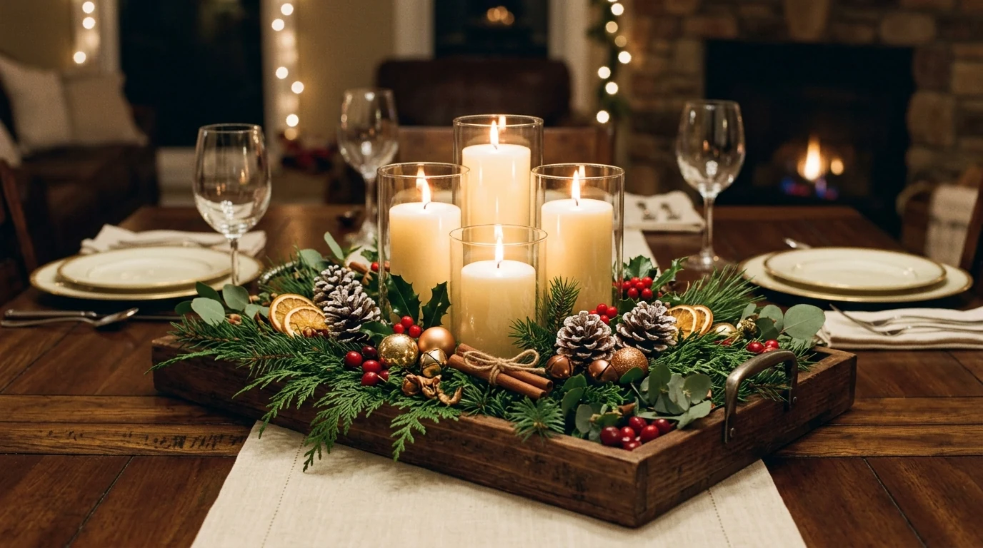 Dining centerpiece with layered height for an elegant evening meal.