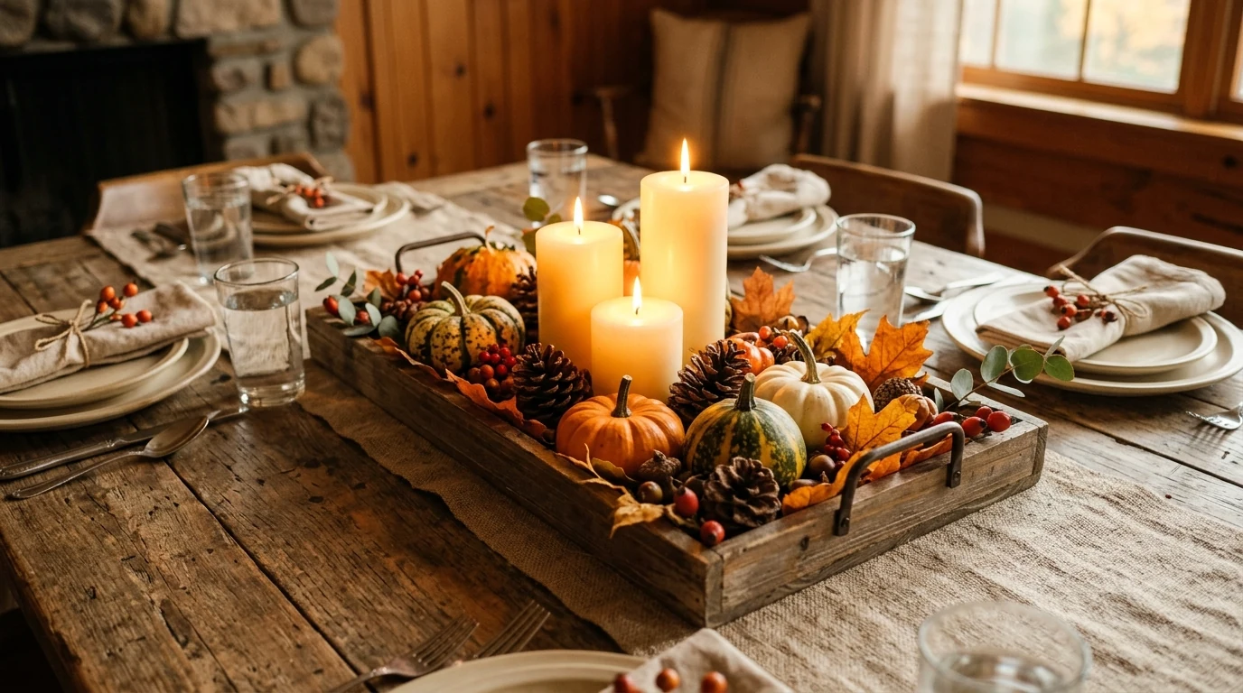 Elegant Thanksgiving centerpiece with white pumpkins on a neutral table.