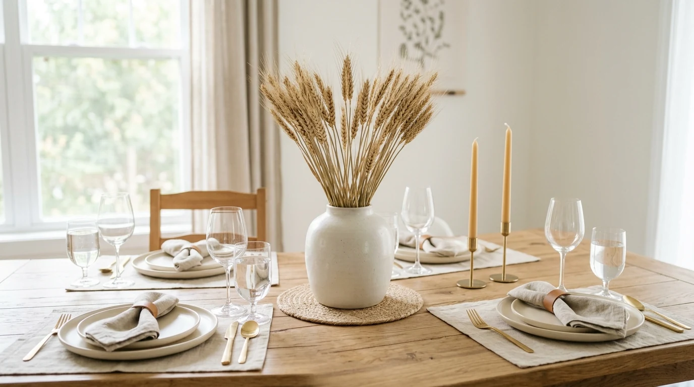 Thanksgiving table layered with wheat stems and amber glass accents.