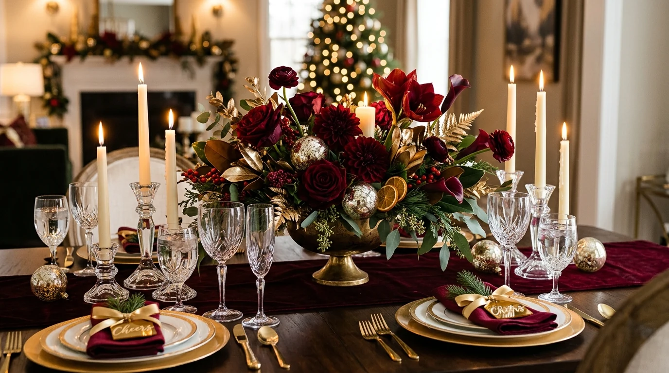 Low Thanksgiving floral centerpiece designed for easy conversation and hosting.