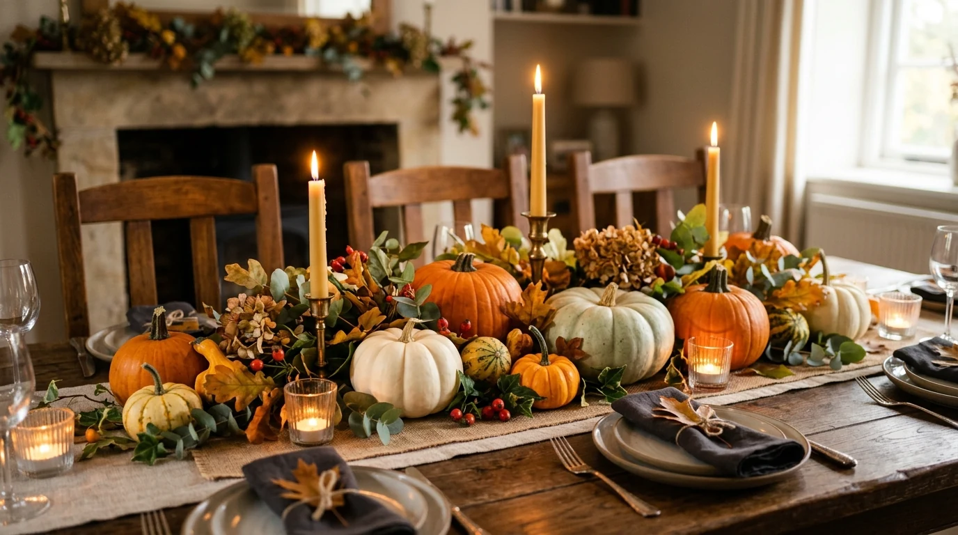 Rustic Thanksgiving centerpiece built on a wooden board with seasonal decor.