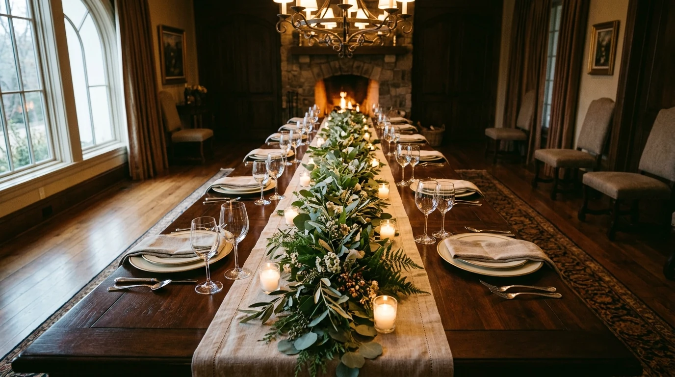 Thanksgiving centerpiece in a deep burgundy palette with elegant seasonal styling.