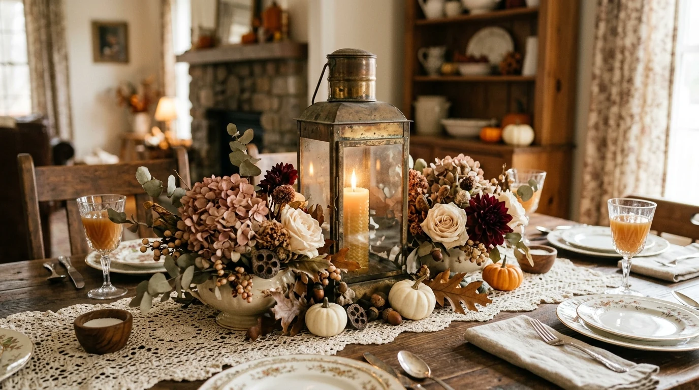 Thanksgiving table runner decorated with mini gourds and candles.