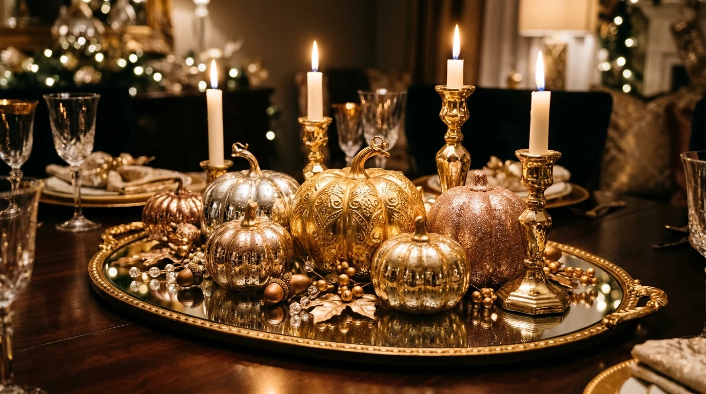Nature-inspired Thanksgiving centerpiece with greenery and pinecones.