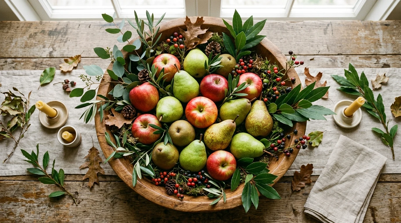 Thanksgiving centerpiece in a compote bowl with fruit and seasonal accents.