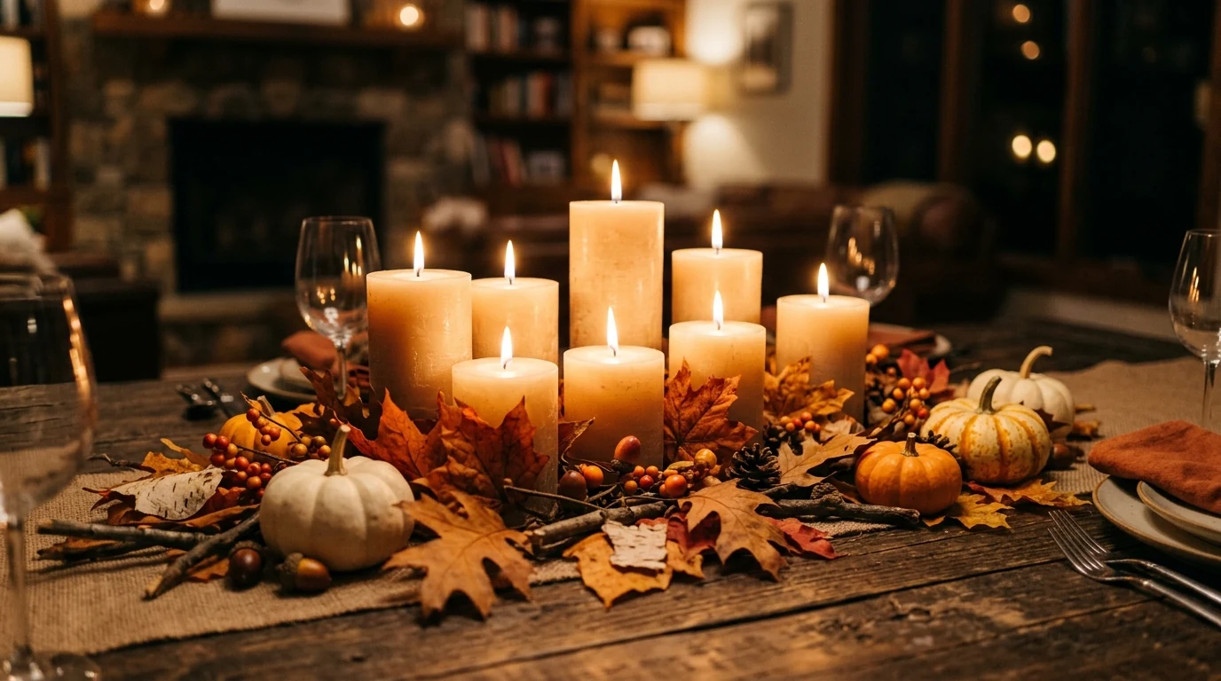 Vintage-style Thanksgiving centerpiece featuring grouped warm candlelight.
