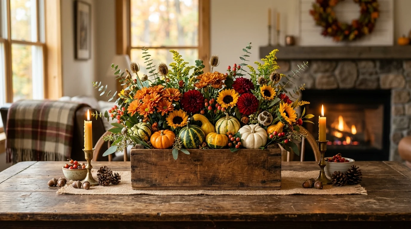 Modern minimalist Thanksgiving centerpiece with sculptural harvest decor.