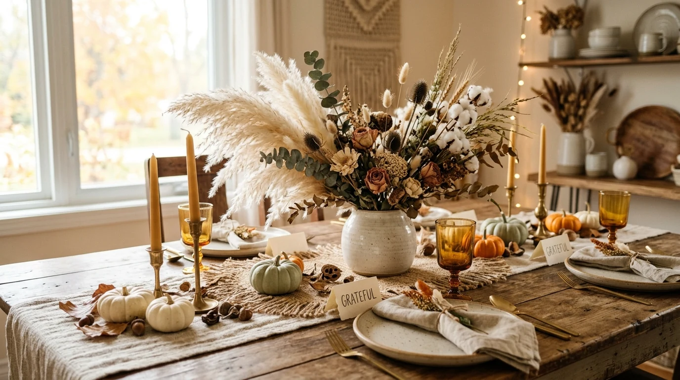 Elegant Thanksgiving centerpiece in peach and terracotta autumn tones.
