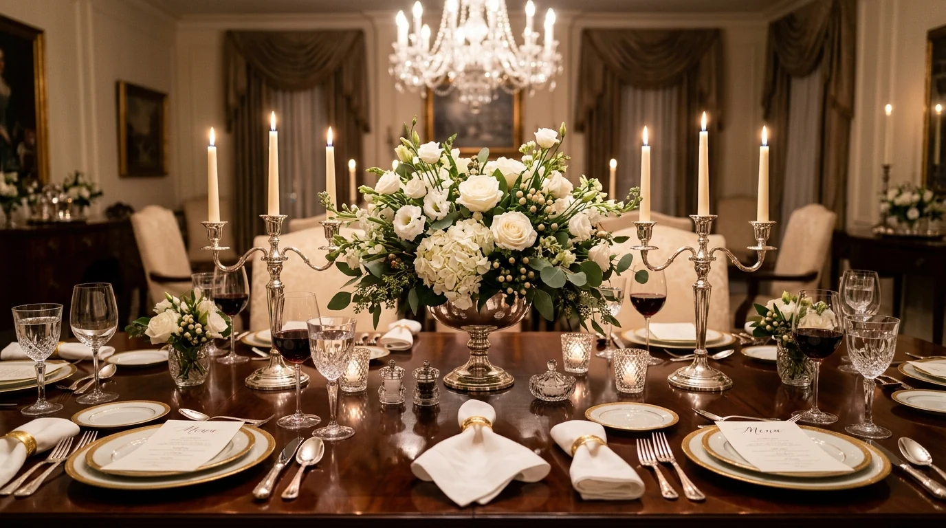 Thanksgiving tablescape with layered place settings and a statement centerpiece.
