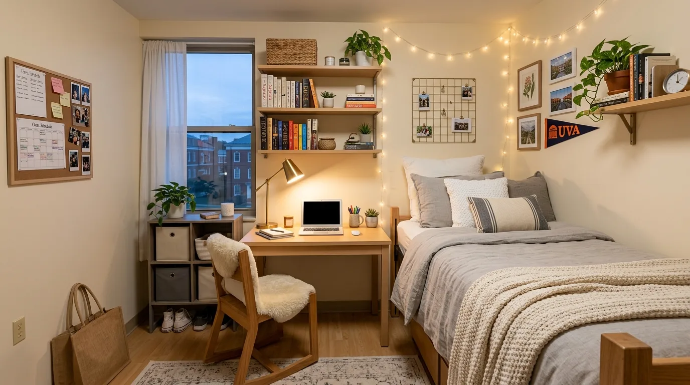 Dorm room styled with essentials for storage, comfort, and a polished college look.