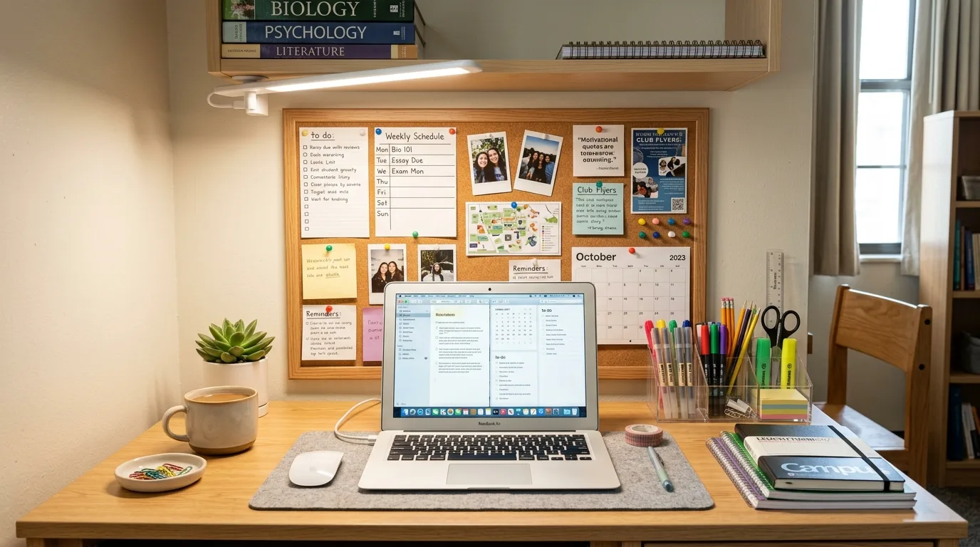 Dorm room bedside caddy holding college essentials next to a bed.