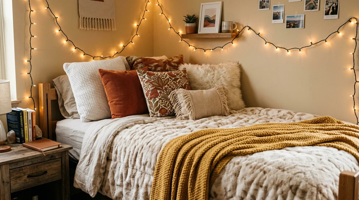 Dorm bed with a clip-on reading lamp for practical night lighting.