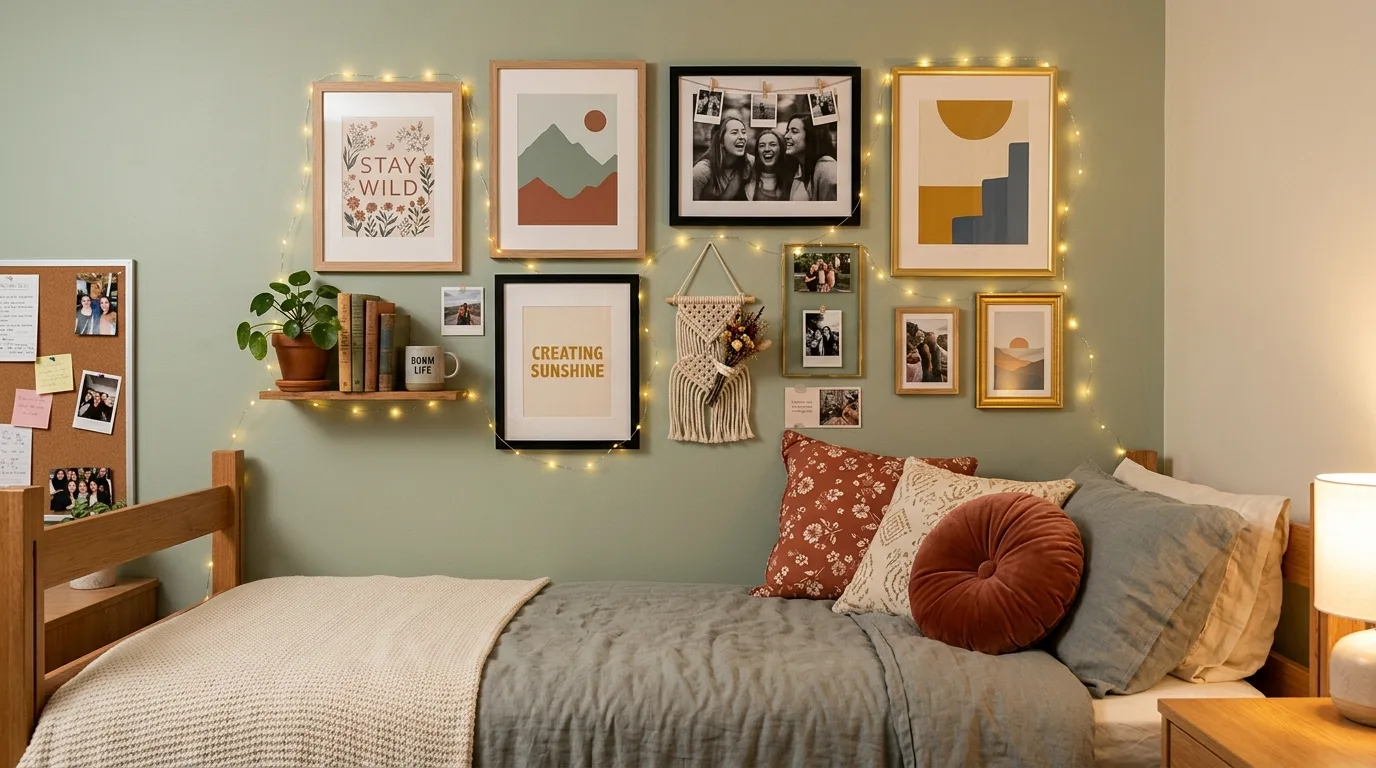 Dorm room with matching under-bed bins for hidden organization.