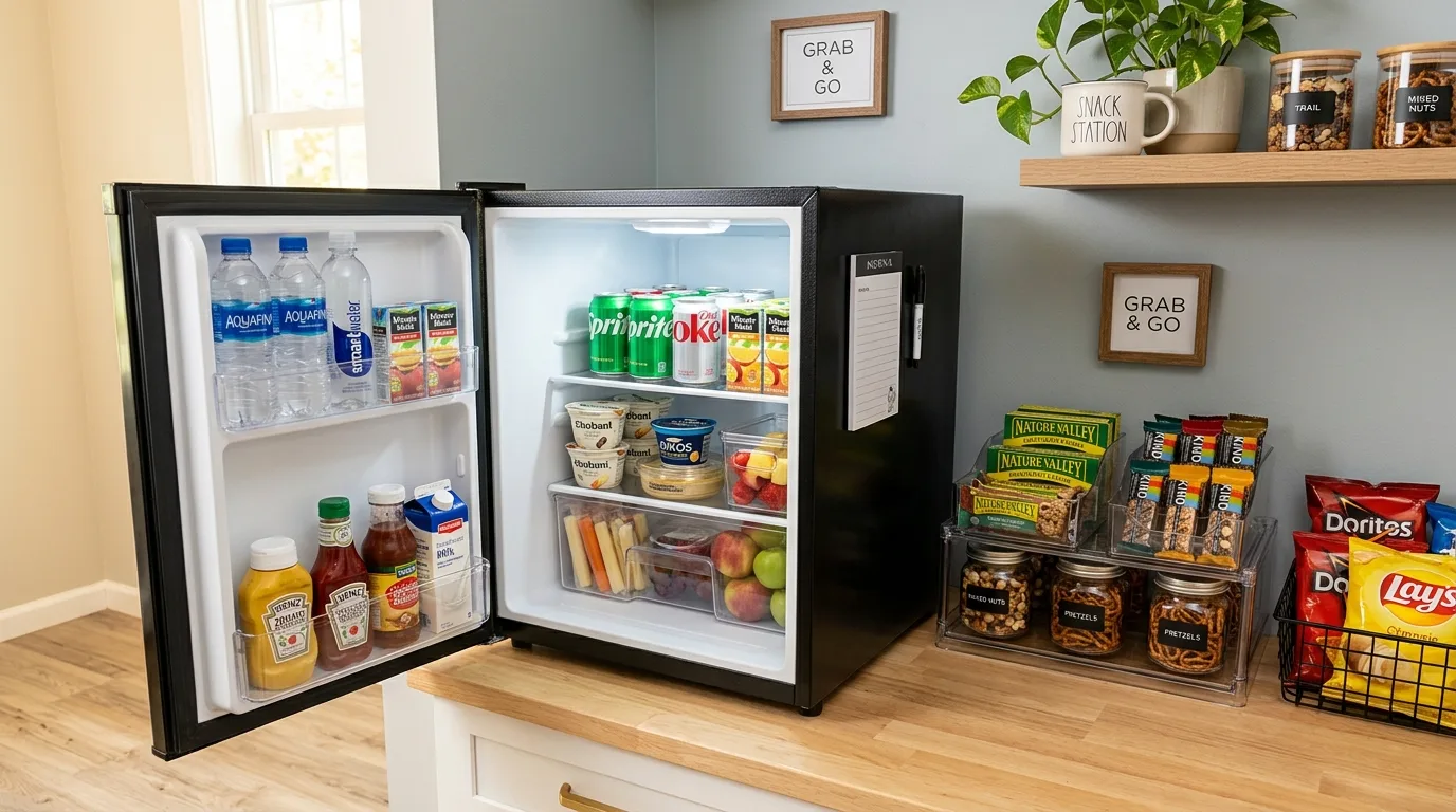 Dorm room entry organized with command hooks for bags and jackets.