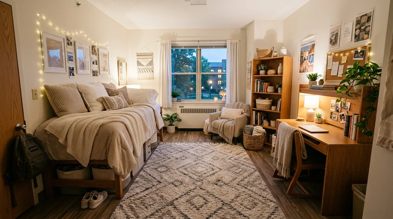Dorm room corner featuring a full-length mirror to brighten the space.