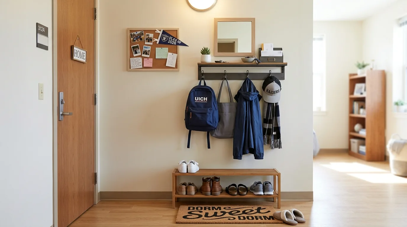 College dorm room finished with small personal decor touches and warm styling.