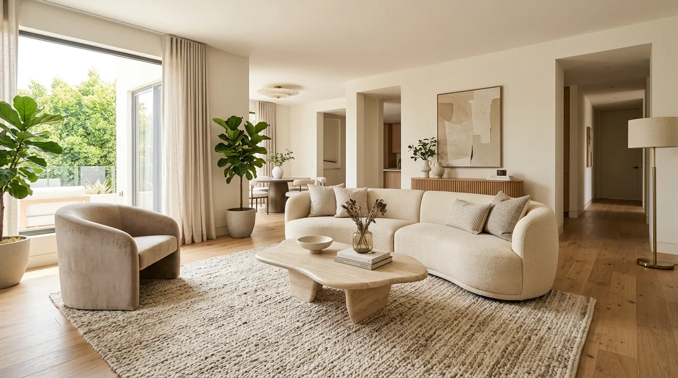 Warm modern living room showing 2026 home decor trends with earth tones, sculptural furniture, and layered texture.