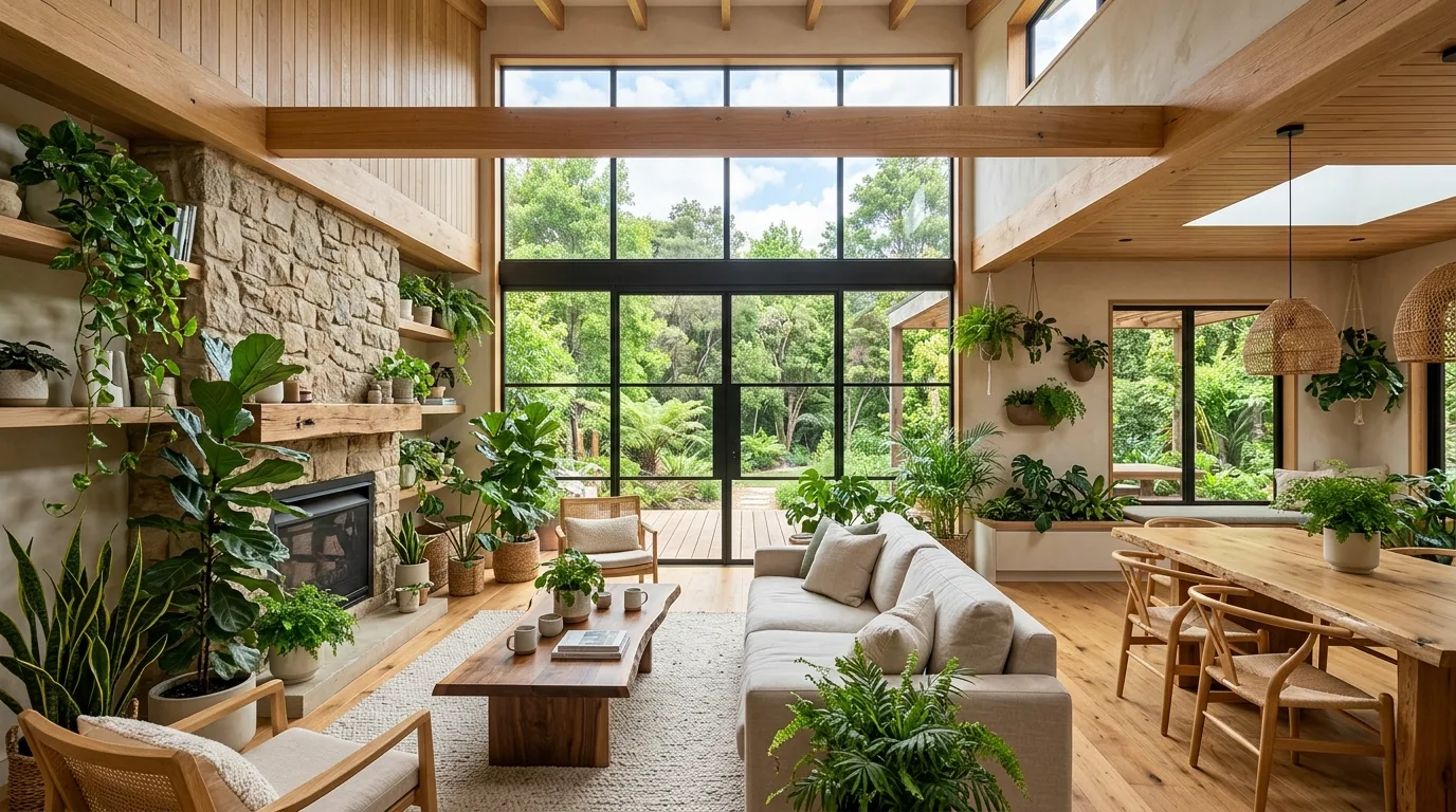 Home decor trend using layered natural textures like linen, jute, and wood.