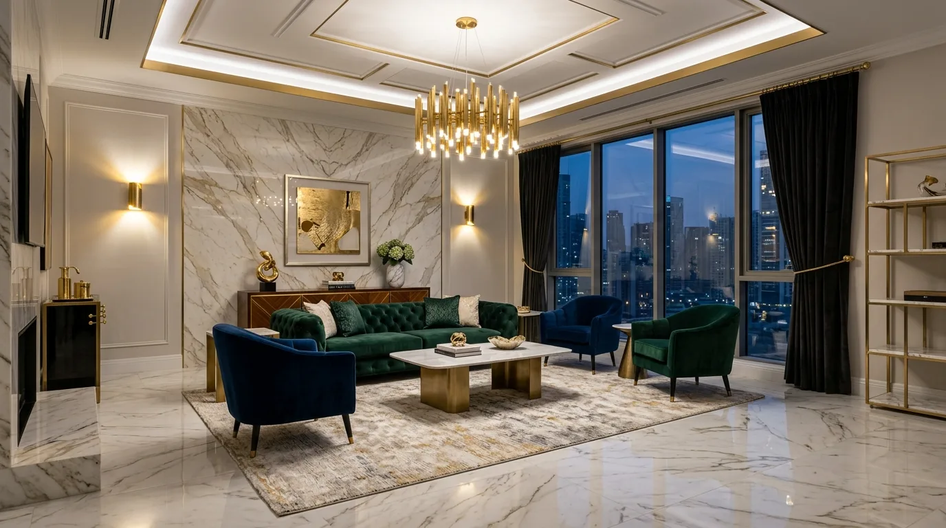 Stone-inspired interior surfaces with travertine and plaster-like finishes.