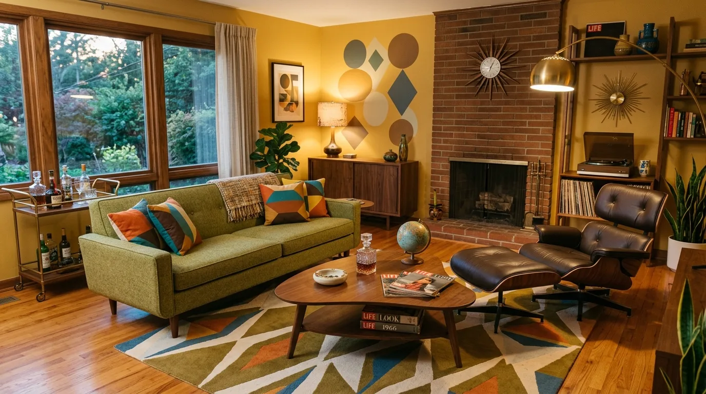 Interior mixing vintage-style furniture with modern neutral basics.