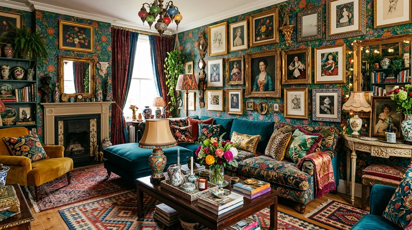 Interior using mixed metal accents across lighting, hardware, and decor.