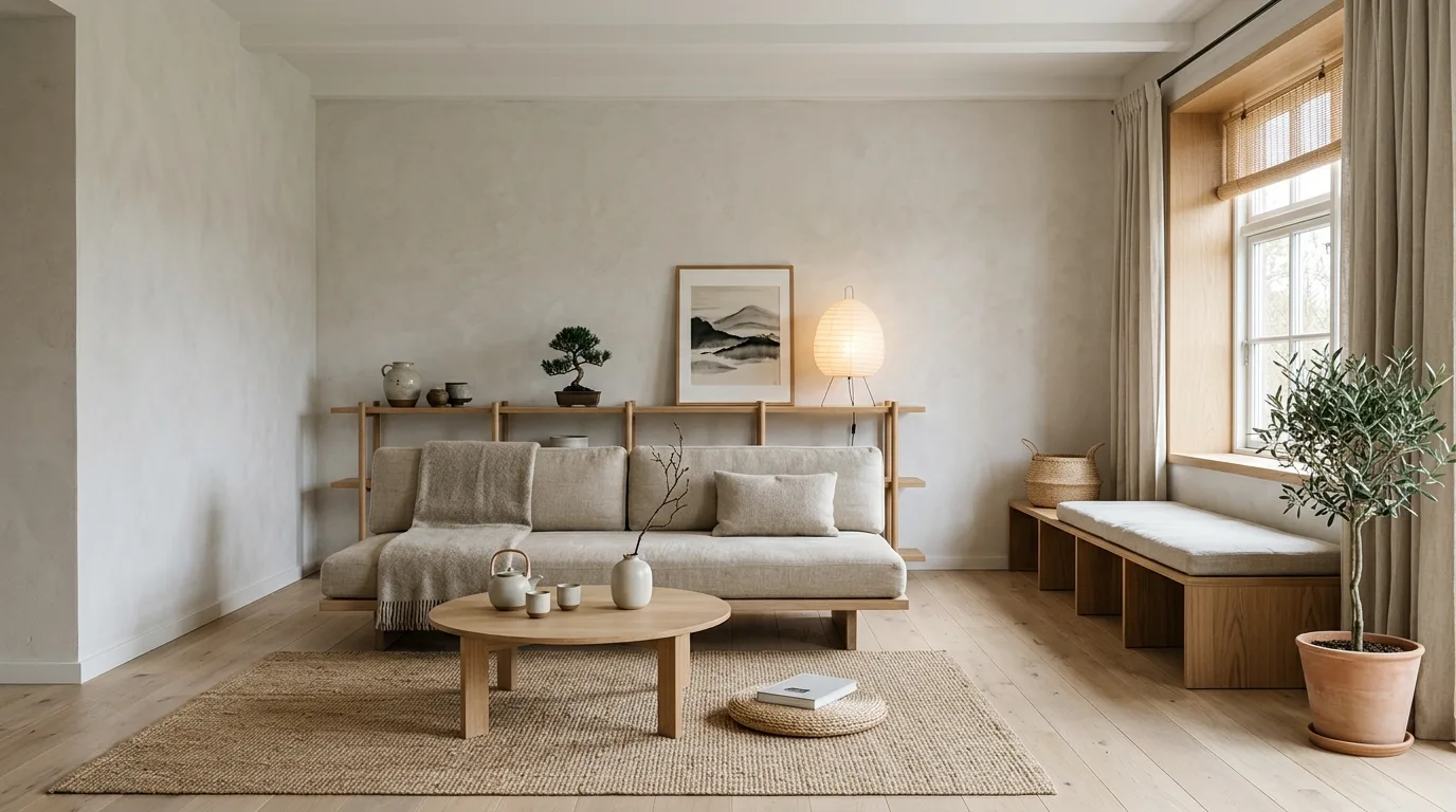 Serene bedroom styled with wellness-focused decor and soft natural layers.