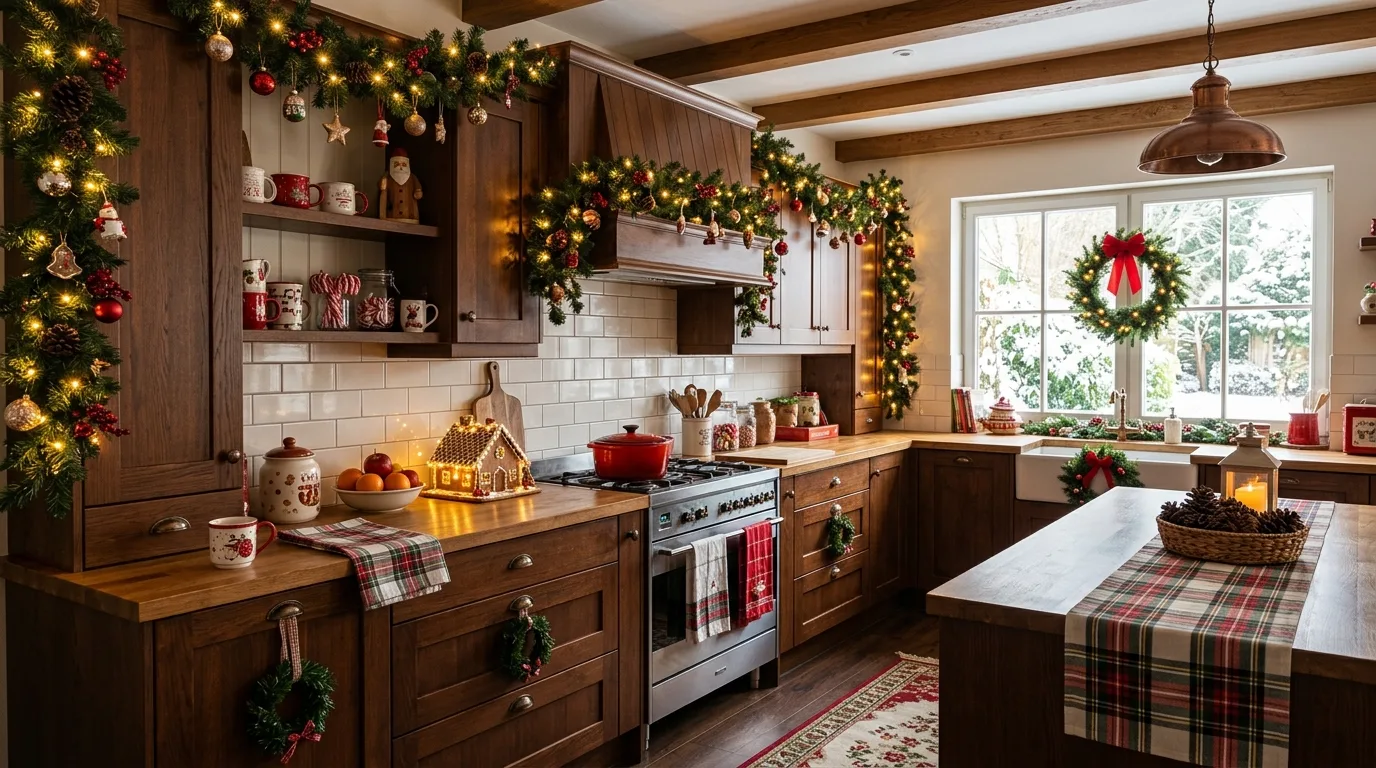 Christmas kitchen with garland, wreath accents, festive mugs, and warm seasonal styling.
