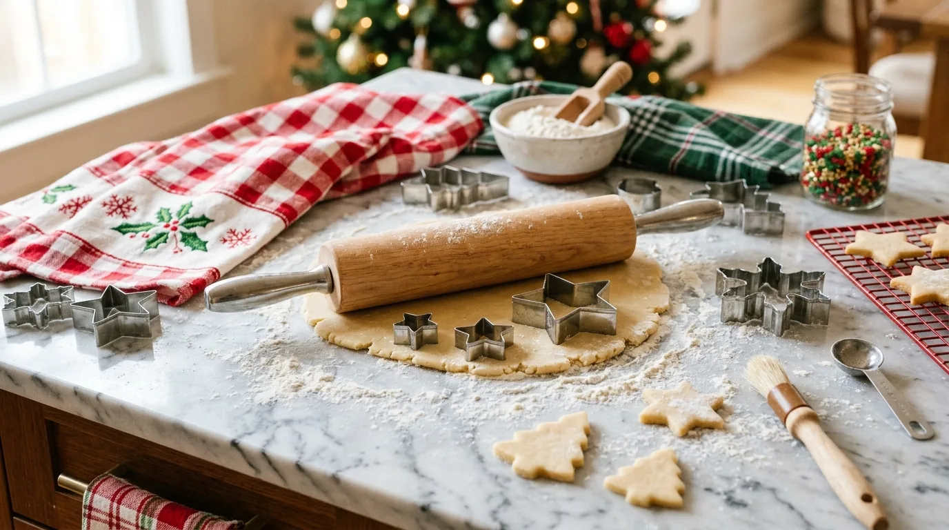 Kitchen range hood decorated with a small Christmas wreath.