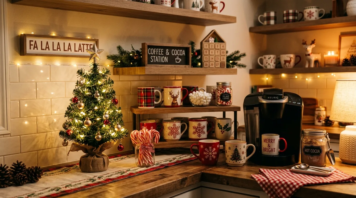 Christmas mugs displayed on kitchen shelves for holiday styling.