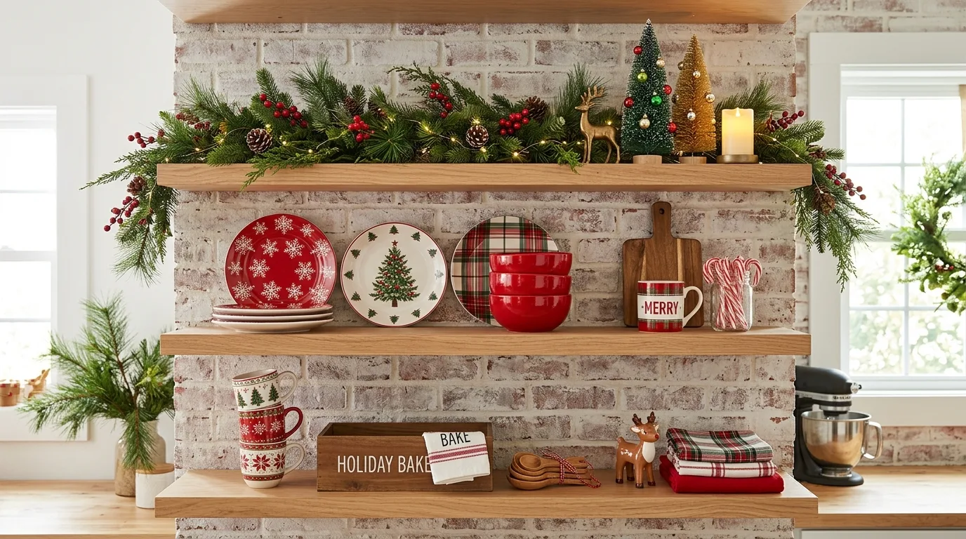 Festive kitchen counter styled with gingerbread houses and holiday baking decor.