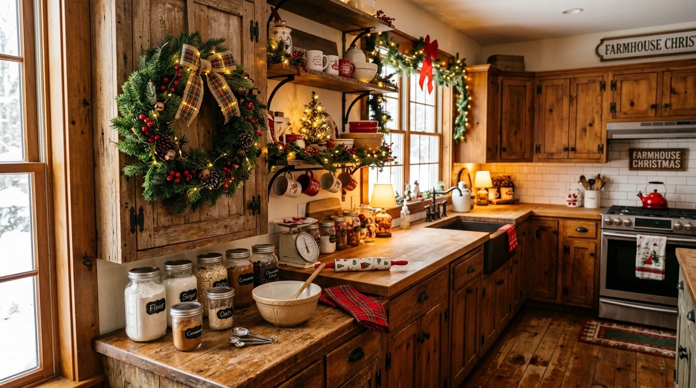 Christmas kitchen styled with seasonal tea towels in red and plaid.