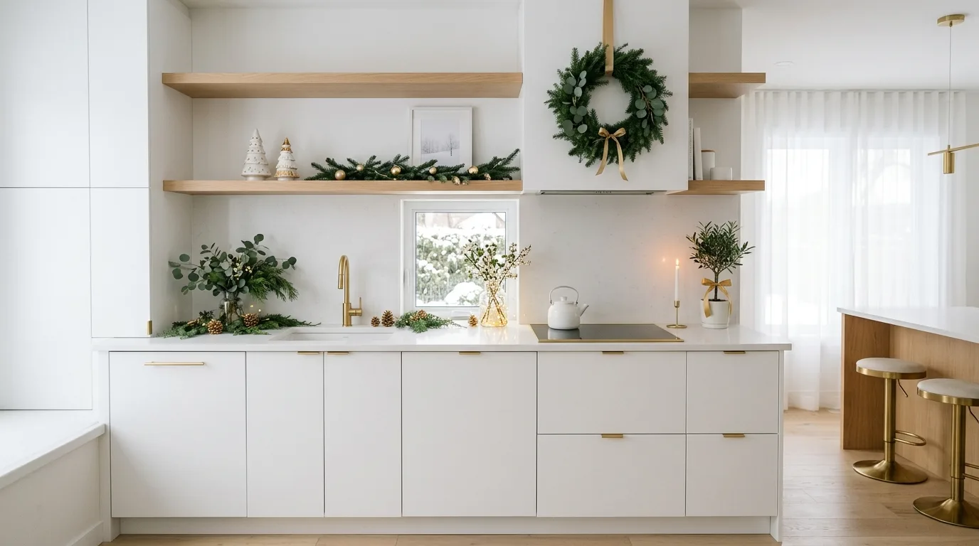 Holiday hot cocoa station arranged in a cozy Christmas kitchen.