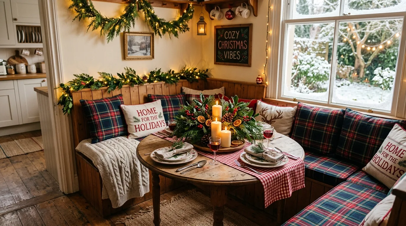 Christmas kitchen island centerpiece with ornaments, oranges, and greenery.