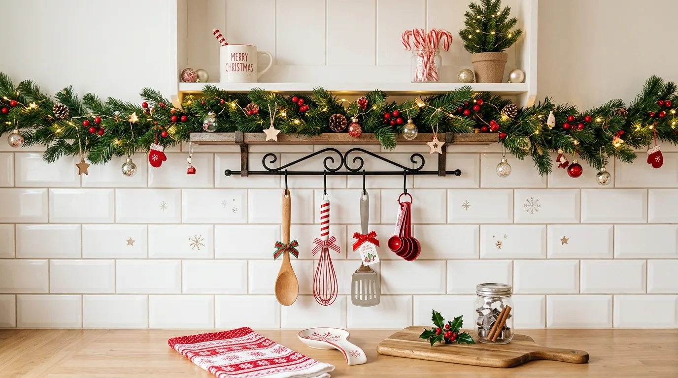 Kitchen window decorated with Christmas greenery and hanging bells.