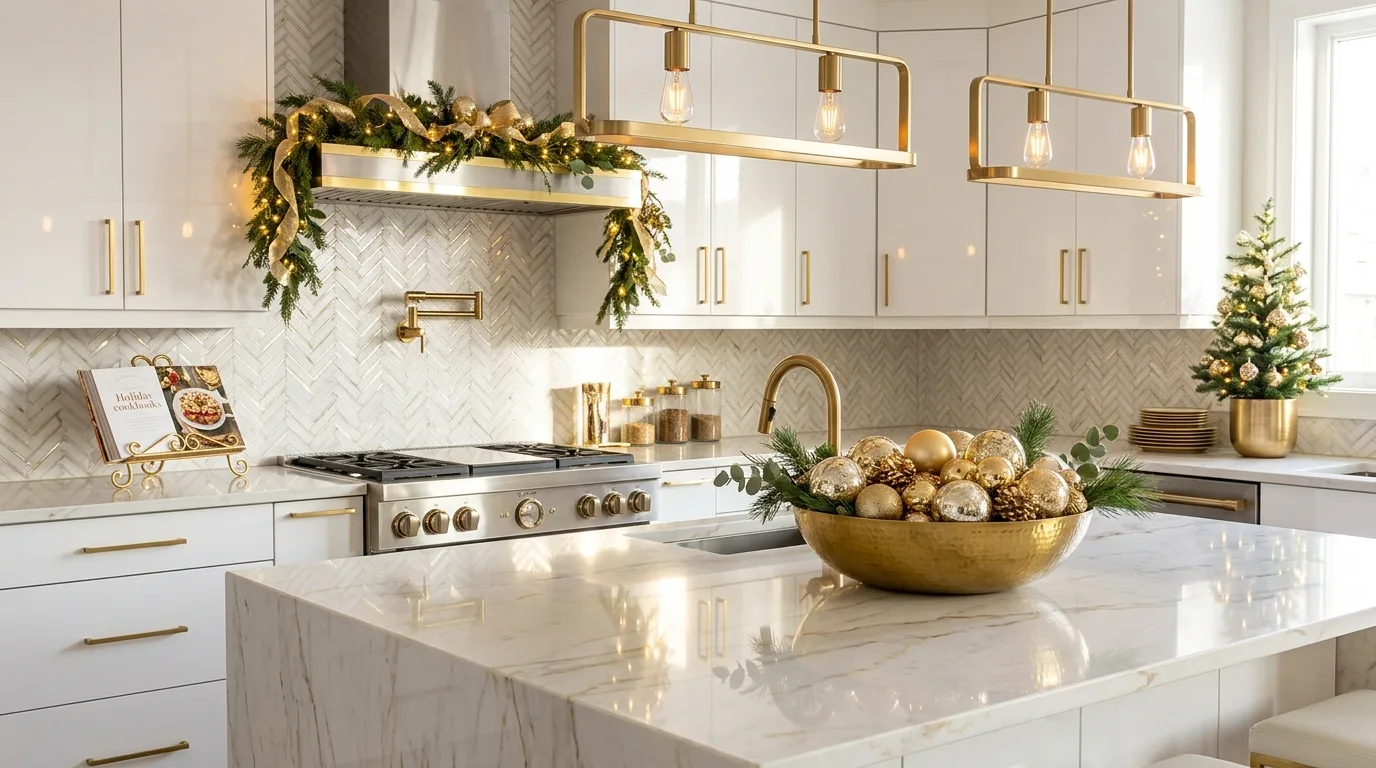 Christmas kitchen counter styled with wood boards and mini trees.
