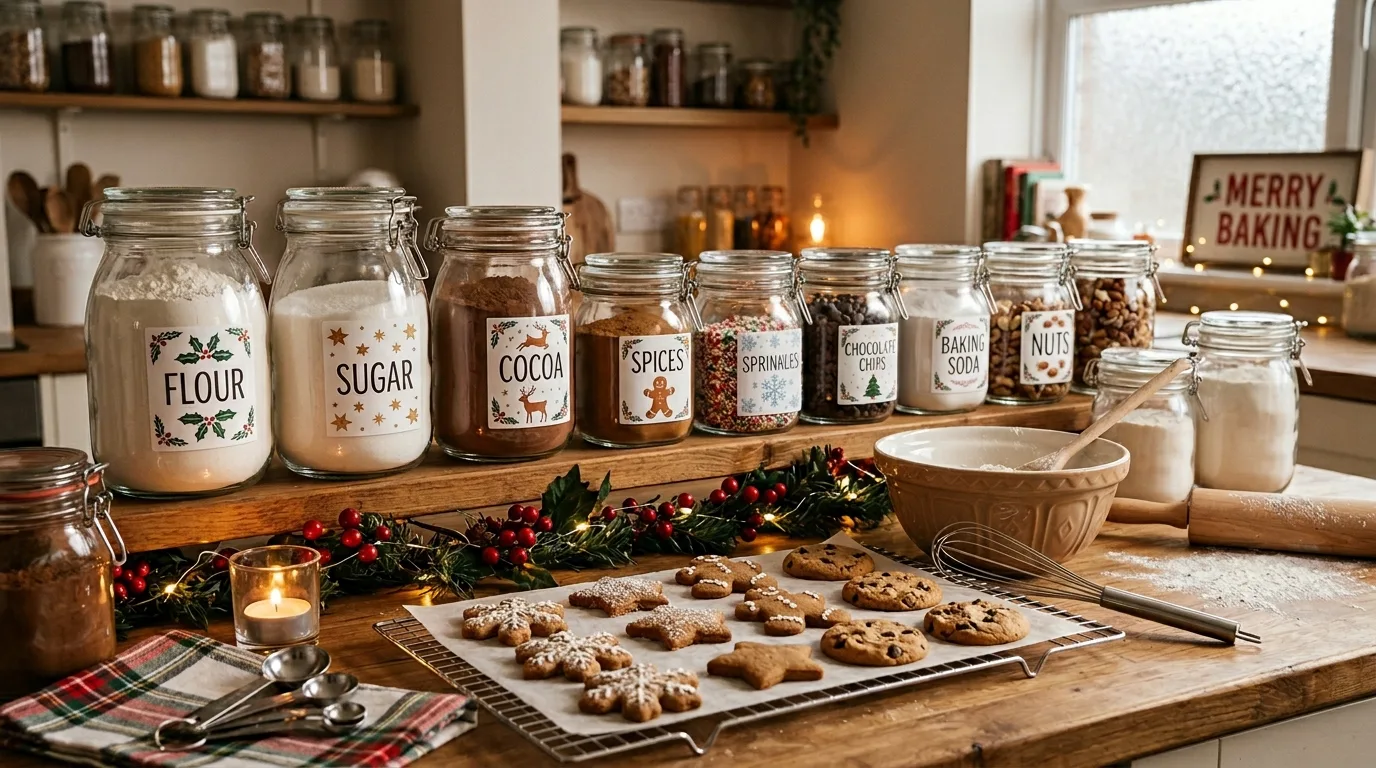 Kitchen sink area decorated with subtle Christmas styling and greenery.