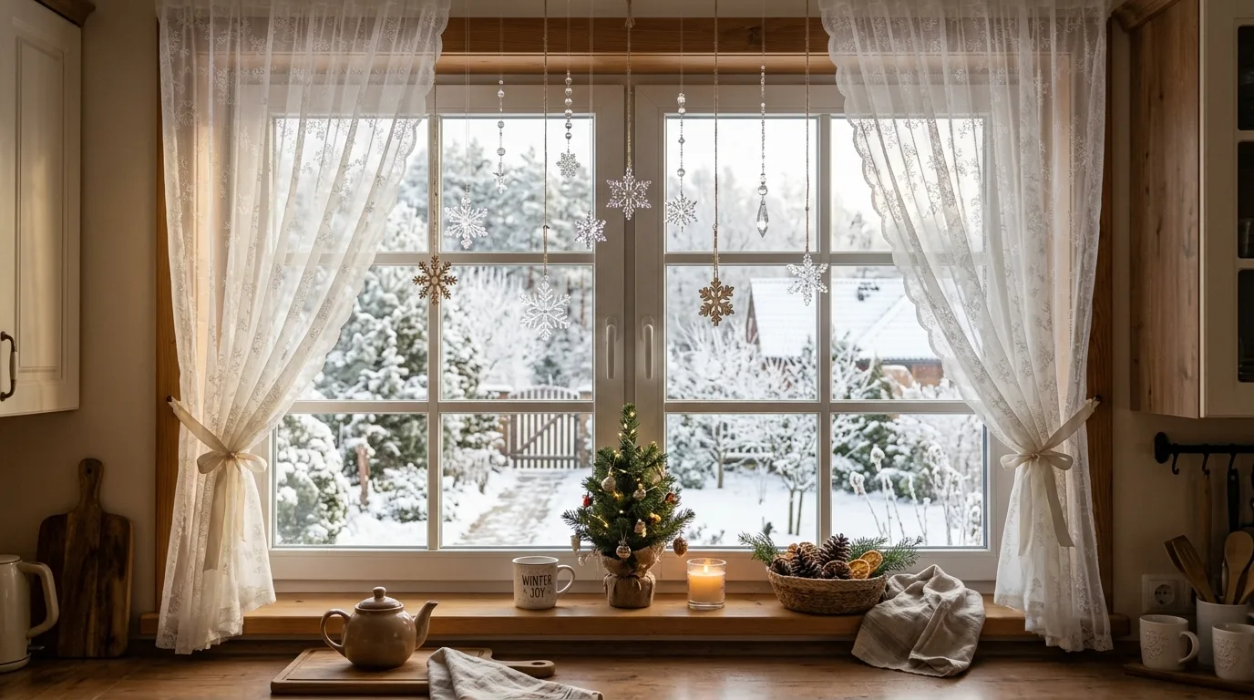 Holiday baking tray display in a Christmas-decorated kitchen.