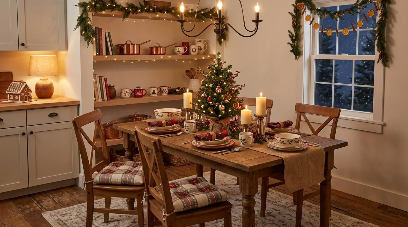 Kitchen stools decorated with ribbon bows for Christmas.